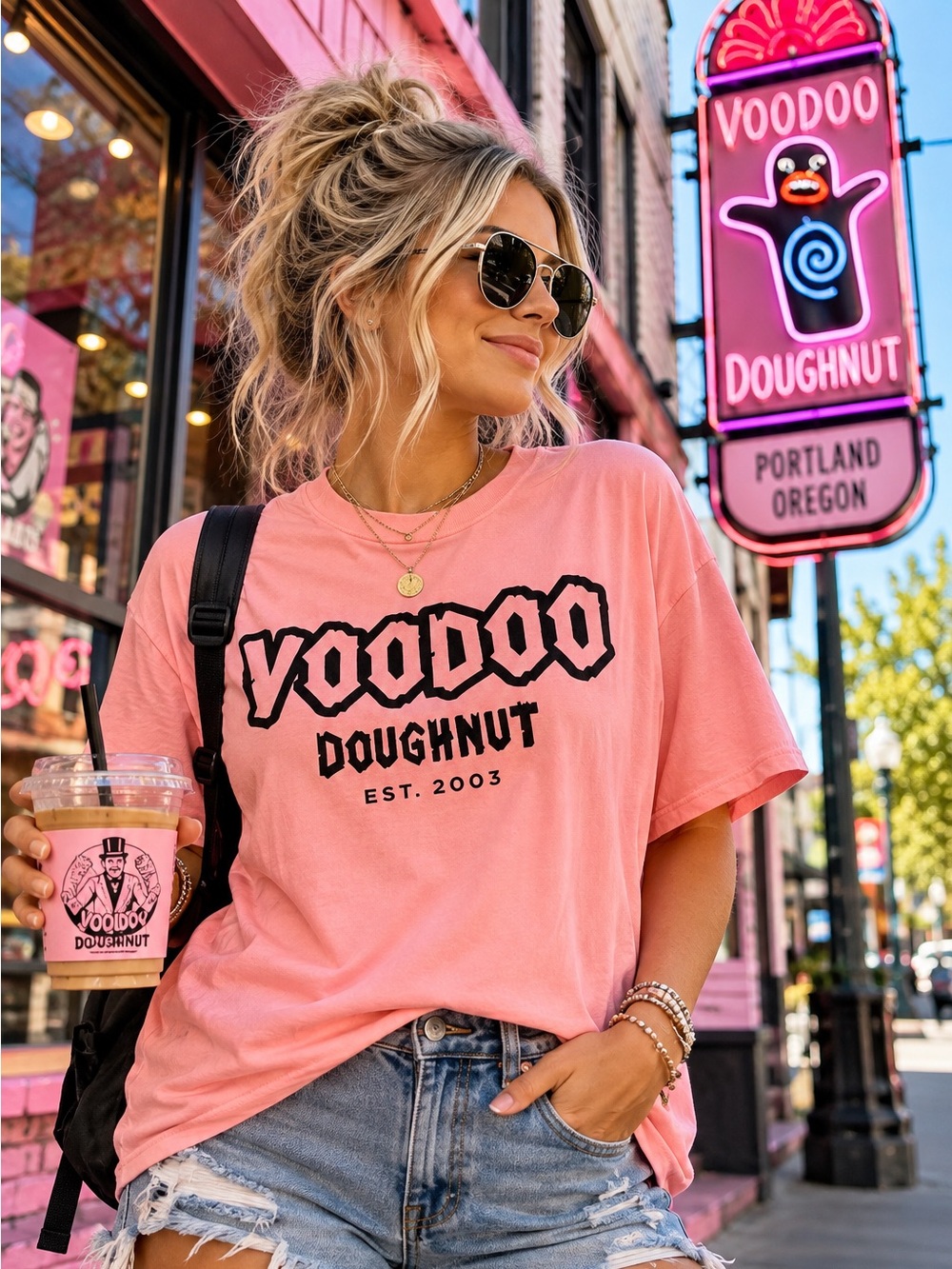Voodoo Doughnut Unisex XL Pink Graphic Tee Black Logo Streetwear Shirt
